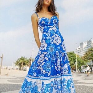 Farm Rio blue full of flowers organic cotton midi dress - size XS